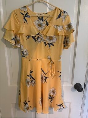miami Yellow Floral Wrap Mini Dress with Navy Accents